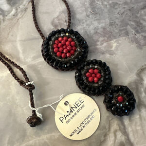 Boho Tribal Necklace Hand Woven Knotted Natural Stone Red Black Bead Brown Cord